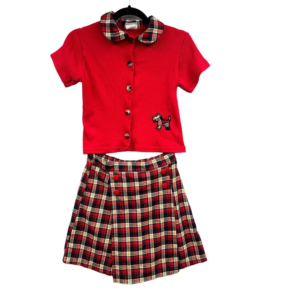 VTG 90s Plaid Skort Shirt Set Youth16 Mini Scottie Dog School Retro Fall Outfit